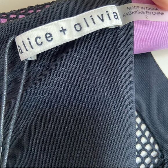 Alice + Olivia Kaine Mesh Insert Asymmetrical Hem Midi Dress Black Size 2 - Picture 6 of 16